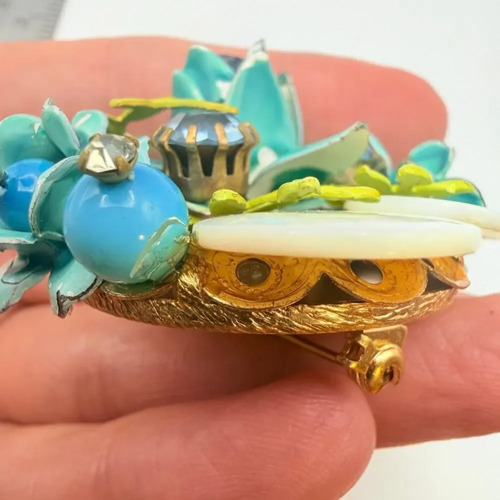 Vintage Enamel Flower Cluster Brooch Turquoise Blue Rhinestone MOP Pin